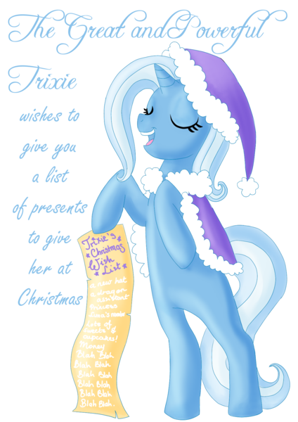 Size: 1240x1754 | Tagged: safe, artist:valkyrieskies, derpibooru import, trixie, pony, unicorn, christmas, eyes closed, female, holiday, list, mare, rearing, scroll, simple background, smiling, solo, transparent background