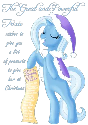 Size: 1240x1754 | Tagged: safe, artist:valkyrieskies, derpibooru import, trixie, pony, unicorn, christmas, eyes closed, female, holiday, list, mare, rearing, scroll, simple background, smiling, solo, transparent background