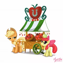 Size: 1152x1152 | Tagged: apple, apple bloom, applejack, apple stand, artist:mysticalpha, derpibooru import, safe