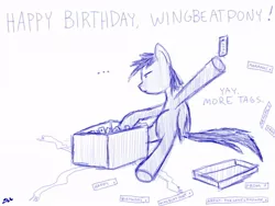 Size: 800x600 | Tagged: safe, artist:thelonelampman, derpibooru import, oc, oc:wingbeat, unofficial characters only, pegasus, pony, ..., birthday, box, exploitable meme, frown, hoof hold, male, present, simple background, sketch, stallion, tags, throwing, unamused, underhoof, white background