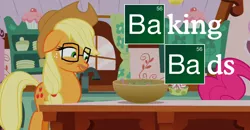 Size: 1192x620 | Tagged: applejack, baked bads, breaking bad, crossover, derpibooru import, facial hair, glasses, moustache, pinkie pie, pun, safe