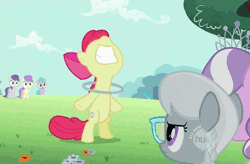 Size: 955x628 | Tagged: safe, derpibooru import, screencap, alula, apple bloom, aura (character), diamond tiara, silver spoon, tornado bolt, earth pony, pony, the cutie pox, animated, bipedal, cinemagraph, cropped, fake cutie mark, female, filly, glasses, hub logo, loop, loop-de-hoop, nose in the air