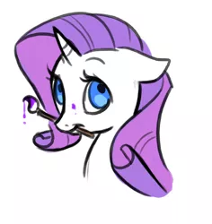 Size: 489x519 | Tagged: artist needed, source needed, safe, derpibooru import, rarity, bust, floppy ears, looking at you, mouth hold, paintbrush, portrait, simple background, smiling, solo