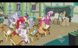 Size: 640x400 | Tagged: safe, derpibooru import, screencap, apple bloom, cheerilee, diamond tiara, filthy rich, liza doolots, petunia, scootaloo, silver spoon, sweetie belle, tootsie flute, truffle shuffle, twist, earth pony, pony, family appreciation day, colt, cutie mark crusaders, male, meme, ponyville schoolhouse, youtube caption