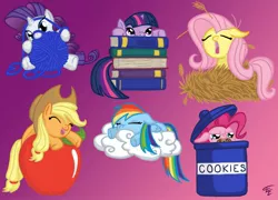 Size: 1500x1080 | Tagged: apple, applejack, artist:eternal-equilibrium, book, cloud, cookie, derpibooru import, filly, fluttershy, jar, mane six, pinkie pie, rainbow dash, rarity, safe, sleeping, twilight sparkle, wool, younger