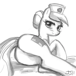 Size: 700x700 | Tagged: artist:johnjoseco, derpibooru import, featureless crotch, female, grayscale, looking at you, looking back, monochrome, nurse redheart, plot, prone, solo, solo female, suggestive