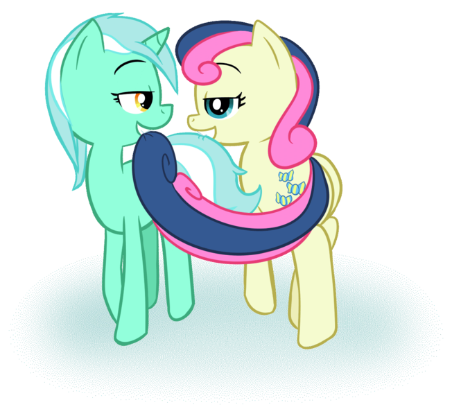 Size: 1213x1116 | Tagged: safe, artist:krekka01, derpibooru import, bon bon, lyra heartstrings, sweetie drops, female, lesbian, lyrabon, shipping, tail bite