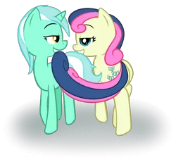 Size: 1213x1116 | Tagged: safe, artist:krekka01, derpibooru import, bon bon, lyra heartstrings, sweetie drops, female, lesbian, lyrabon, shipping, tail bite