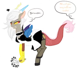 Size: 900x810 | Tagged: artist:jaquelindreamz, clothes, derpibooru import, discord, duster, eris, maid, maid eris, prince solaris, princess celestia, rule 63, stockings, suggestive