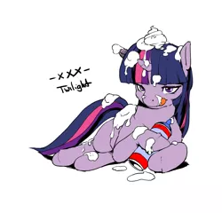 Size: 1500x1439 | Tagged: suggestive, artist:kevinsano, derpibooru import, twilight sparkle, pony, unicorn, female, food, foodplay, horn, licking, licking lips, lying down, messy, simple background, solo, solo female, tongue out, whipped cream, white background, xxx