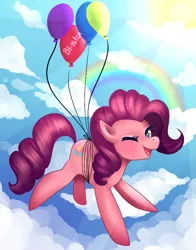 Size: 715x913 | Tagged: artist:blisstox, balloon, cloud, cloudy, derpibooru import, flying, pinkie pie, rainbow, safe, solo, sun, then watch her balloons lift her up to the sky, wink