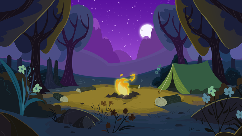 Size: 5333x3000 | Tagged: artist:boneswolbach, background, bonfire, bush, derpibooru import, fire, flower, forest, full moon, grass, moon, mountain, night, night sky, no pony, rock, safe, sky, starry night, .svg available, tent, tree, vector