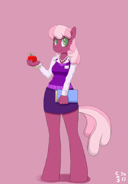 Size: 719x1033 | Tagged: dead source, source needed, useless source url, safe, artist:crabmeatstick, derpibooru import, cheerilee, anthro, earth pony, unguligrade anthro, apple, book, bracelet, clothes, female, jewelry, necklace, shirt, skirt, smiling, solo, tube skirt