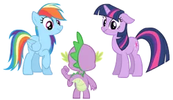 Size: 7922x4600 | Tagged: safe, artist:boneswolbach, derpibooru import, rainbow dash, spike, twilight sparkle, dragon, pegasus, pony, unicorn, absurd resolution, looking at each other, raised hoof, simple background, transparent background, unicorn twilight, vector