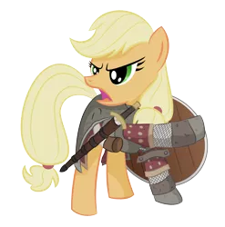 Size: 4500x4556 | Tagged: absurd resolution, applejack, artist:shadowdark3, boromir, cosplay, derpibooru import, hatless, lord of the rings, missing accessory, pointing, safe, shield, simple background, solo, sword, transparent background, vector, weapon