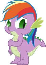 Size: 704x1000 | Tagged: artist:kalleflaxx, artist needed, background removed, derpibooru import, dragon, embarrassed, female, hand on arm, male, mane swap, new rainbow dash, rainbow dash, rainbow hair, safe, simple background, solo, spike, spike is the new rainbow dash, transparent background, vector, wig