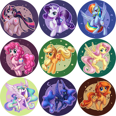 Size: 450x450 | Tagged: applejack, artist:shinepawpony, buttons, derpibooru import, fluttershy, mane six, oc, pinkie pie, princess celestia, princess luna, rainbow dash, rarity, safe, twilight sparkle