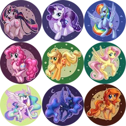 Size: 450x450 | Tagged: applejack, artist:shinepawpony, buttons, derpibooru import, fluttershy, mane six, oc, pinkie pie, princess celestia, princess luna, rainbow dash, rarity, safe, twilight sparkle