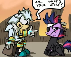 Size: 500x400 | Tagged: ask silver the hedgehog, crisis city, crossover, derpibooru import, dialogue, future twilight, safe, silver the hedgehog, sitting, sonic 06, sonic the hedgehog (series), source needed, tumblr, twilight sparkle, useless source url
