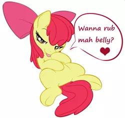 Size: 607x572 | Tagged: suggestive, artist:0r0ch1, derpibooru import, edit, ponibooru import, apple bloom, :p, bedroom eyes, bellyrubs, bloom butt, butt, female, licking, looking at you, on back, presenting, simple background, smiling, solo, solo female, teasing, tongue out, underhoof, vector