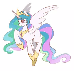 Size: 876x836 | Tagged: source needed, safe, artist:kalas17, artist:misskatto, derpibooru import, princess celestia, alicorn, pony, crown, cute, female, jewelry, mare, missing cutie mark, multicolored mane, multicolored tail, necklace, raised hoof, regalia, simple background, smiling, solo, spread wings, starry eyes, white background, wingding eyes