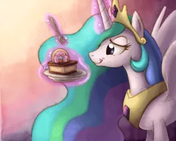 Size: 1500x1200 | Tagged: safe, artist:ric-m, derpibooru import, princess celestia, alicorn, pony, cake, cakelestia, donut, female, licking lips, magic, mare, smiling, solo, tongue out