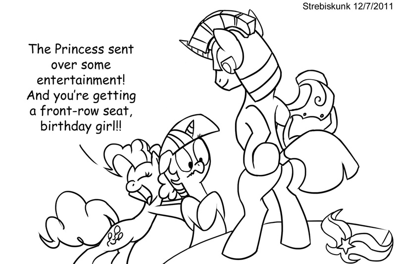 Size: 1260x840 | Tagged: arial, artist:strebiskunk, birthday, comic, comic sans, derpibooru import, eyes on the prize, implied penis, pinkie pie, questionable, royal guard, stripper, twilight sparkle