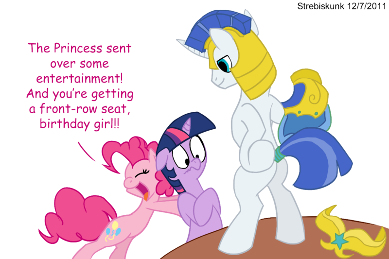Size: 1260x840 | Tagged: dead source, questionable, artist:strebiskunk, derpibooru import, pinkie pie, twilight sparkle, earth pony, pony, unicorn, arial, birthday, colored, comic, comic sans, dialogue, eyes closed, eyes on the prize, female, implied penis, like what you see?, male, mare, rearing, royal guard, shove, signature, simple background, stallion, stripper, table, tail wrap, transparent background, undressing, unicorn twilight