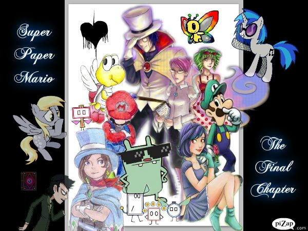 Size: 600x450 | Tagged: blumiere, book, boomer, cape, chaos heart, clothes, count bleck, crossover, cudge, dark prognosticus, derpibooru import, derpy hooves, fleep, hat, heart, human, humanized, jeero, luigi, mario, mimi, nastasia, nintendo, oc, paratroopa koopa, pixl, poster, safe, sunglasses, super mario bros., super paper mario, thoreau, tippi, top hat, trucy wright, uglydoll, video game, vinyl scratch