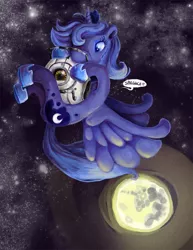 Size: 600x776 | Tagged: artist:hayhedgehoghay, crossover, derpibooru import, hug, incorrect leg anatomy, one word, personality core, portal (valve), princess luna, s1 luna, safe, space, space core