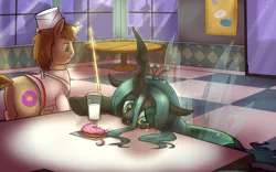 Size: 3200x2000 | Tagged: safe, artist:valcron, derpibooru import, donut joe, queen chrysalis, changeling, changeling queen, pony, unicorn, crying, donut, duo, female, high res, image, male, milk, png, restaurant, sad, signature, stallion, table, working