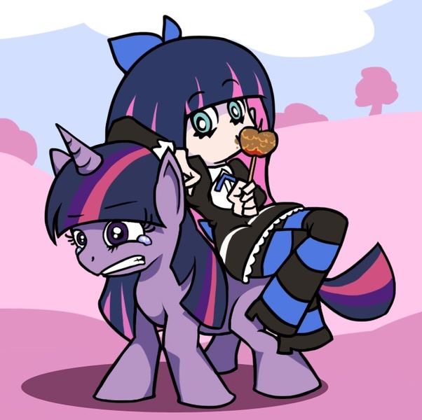 Size: 725x722 | Tagged: safe, artist:osakaqcvow, derpibooru import, twilight sparkle, unicorn, anarchy stocking, angel, apple, blue hair, blue mane, blue tail, candy apple (food), clothes, cloud, crossover, cutie mark, eyelashes, food, gothic lolita, horn, light skin, long hair, long mane, long tail, multicolored hair, multicolored mane, multicolored tail, outdoors, panty and stocking with garterbelt, pink hair, pink mane, pink tail, pony ride, purple mane, purple tail, ribbon, riding, shadow, shoes, sidesaddle, sky, tail, teary eyes, tree