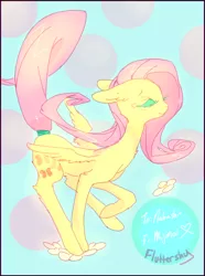 Size: 600x807 | Tagged: safe, artist:mujinai, derpibooru import, fluttershy, pegasus, pony, abstract background, eyelashes, eyes closed, female, floppy ears, mare, raised hoof, smiling, solo, spread wings, wings