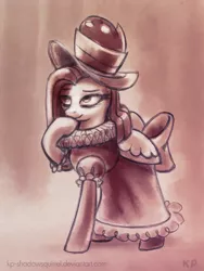 Size: 600x800 | Tagged: artist:kp-shadowsquirrel, chancellor puddinghead, clothes, costume, derpibooru import, hat, monochrome, pinkamena diane pie, pinkie pie, ruff (clothing), safe, solo