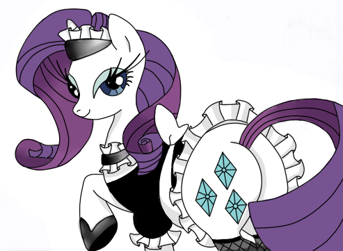 Size: 493x361 | Tagged: artist:nobodybutterfly, clothes, derpibooru import, fishnets, maid, plot, questionable, rarity, solo, stupid sexy rarity
