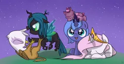 Size: 900x469 | Tagged: safe, artist:frankier77, derpibooru import, gilda, princess celestia, princess luna, queen chrysalis, cat, changeling, changeling queen, gryphon, nymph, pony, baby, baby pony, cewestia, chickub, cute, cutealis, cutelestia, eyes closed, female, filly, flying, foal, gildadorable, image, jpeg, lunabetes, on back, open mouth, prone, sitting, sleeping, smiling, smirk, woona