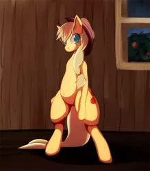 Size: 700x800 | Tagged: safe, artist:c.d.i., derpibooru import, applejack, pony, belly button, bipedal, pixiv, solo, standing