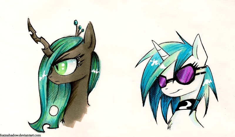 Size: 1100x644 | Tagged: safe, artist:foxinshadow, derpibooru import, queen chrysalis, vinyl scratch, changeling, changeling queen, pony, unicorn, bust, deviantart link, duo, duo female, female, frown, glasses, image, looking at you, mare, png, portrait, profile, simple background, slit eyes, vinyl's glasses, white background