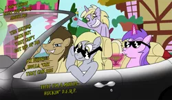 Size: 1215x710 | Tagged: safe, artist:unoservix, derpibooru import, amethyst star, derpy hooves, dinky hooves, doctor whooves, time turner, pegasus, pony, car, derpy driving, drink, driving, female, hooves family, magic, mare, straw, sunglasses, swag, telekinesis, the hooves