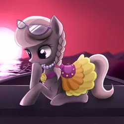 Size: 1200x1200 | Tagged: safe, artist:fajeh, derpibooru import, silver spoon, pony, blushing, boat, clothes, dress, female, glasses, saddle, solo, sunset