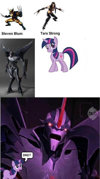 Size: 583x1046 | Tagged: derpibooru import, human, safe, starscream, steve blum, tara strong, transformers, twilight sparkle, voice actor joke, wolverine, x-23, x-men