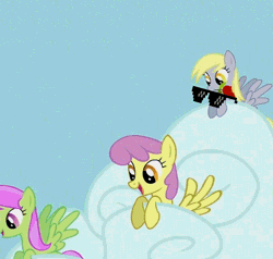 Size: 668x635 | Tagged: safe, derpibooru import, edit, edited screencap, screencap, derpy hooves, fluttershy, merry may, parasol, pegasus, pony, fall weather friends, animated, deal with it, derpyshy, female, lesbian, mare, rose, shipping, sunglasses