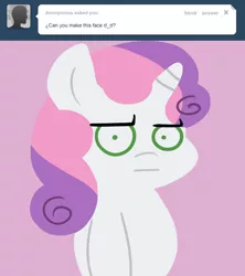 Size: 756x850 | Tagged: safe, artist:megasweet, derpibooru import, sweetie belle, unicorn, ask smarty belle, look of disapproval, smartass, smarty belle, tumblr