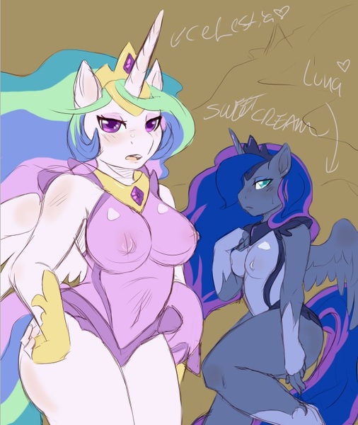 Size: 636x754 | Tagged: anthro, artist:mlpfwb, bedroom eyes, breasts, busty princess celestia, clothes, curvy, derpibooru import, female, lingerie, nipples, princess celestia, princess luna, questionable, see-through, wide hips