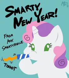 Size: 945x1063 | Tagged: artist:megasweet, ask smarty belle, derpibooru import, new year, party horn, safe, smarty belle, sweetie belle