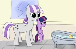 Size: 711x455 | Tagged: annoyed, artist:rustydooks, artist:tggeko, bath, behaving like a cat, cute, derpibooru import, filly, filly twilight sparkle, forced bathing, frown, imminent bath, like mother like daughter, mother and daughter, mothers gonna mother, mouth hold, rubber duck, safe, scruff, smiling, twilight is not amused, twilight sparkle, twilight velvet