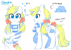 Size: 1100x768 | Tagged: safe, artist:chinad011, derpibooru import, oc, oc:cloudia, unofficial characters only, pegasus, pony, bow, clothes, cloud, female, glasses, hair bow, mare, reference sheet, scarf, sketch, solo, tail bow