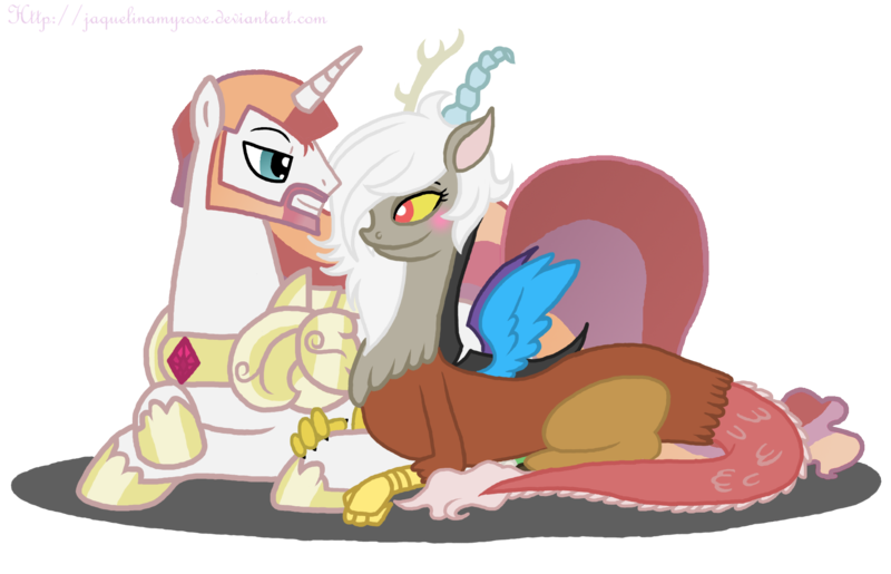 Size: 2026x1304 | Tagged: dead source, safe, artist:jaquelindreamz, derpibooru import, discord, princess celestia, alicorn, pony, blushing, crossed hooves, dislestia, eris, female, lidded eyes, looking at each other, male, prince solaris, prone, rule 63, shipping, simple background, smiling, soleris, spread wings, straight, transparent background, wings