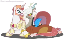 Size: 2026x1304 | Tagged: dead source, safe, artist:jaquelindreamz, derpibooru import, discord, princess celestia, alicorn, pony, blushing, crossed hooves, dislestia, eris, female, lidded eyes, looking at each other, male, prince solaris, prone, rule 63, shipping, simple background, smiling, soleris, spread wings, straight, transparent background, wings