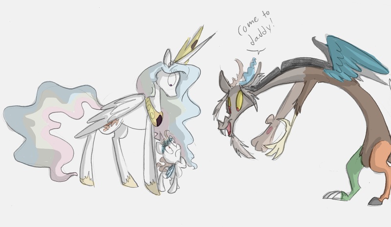 Size: 3415x1980 | Tagged: safe, artist:frankilew, derpibooru import, discord, princess celestia, hybrid, dislestia, female, interspecies offspring, male, offspring, parent:discord, parent:princess celestia, parents:dislestia, shipping, simple background, straight, traditional art, white background